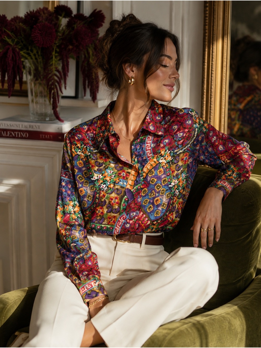 Vintage Diane Von Furstenberg 100% Silk Multicolor Print Button Down Size 8
